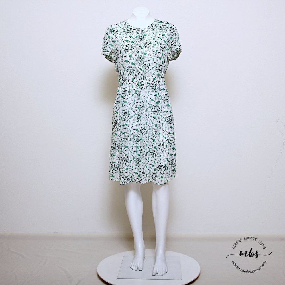 Boden Short Sleeve Patterned Preppy Casual Midi Dress Green White Women 6